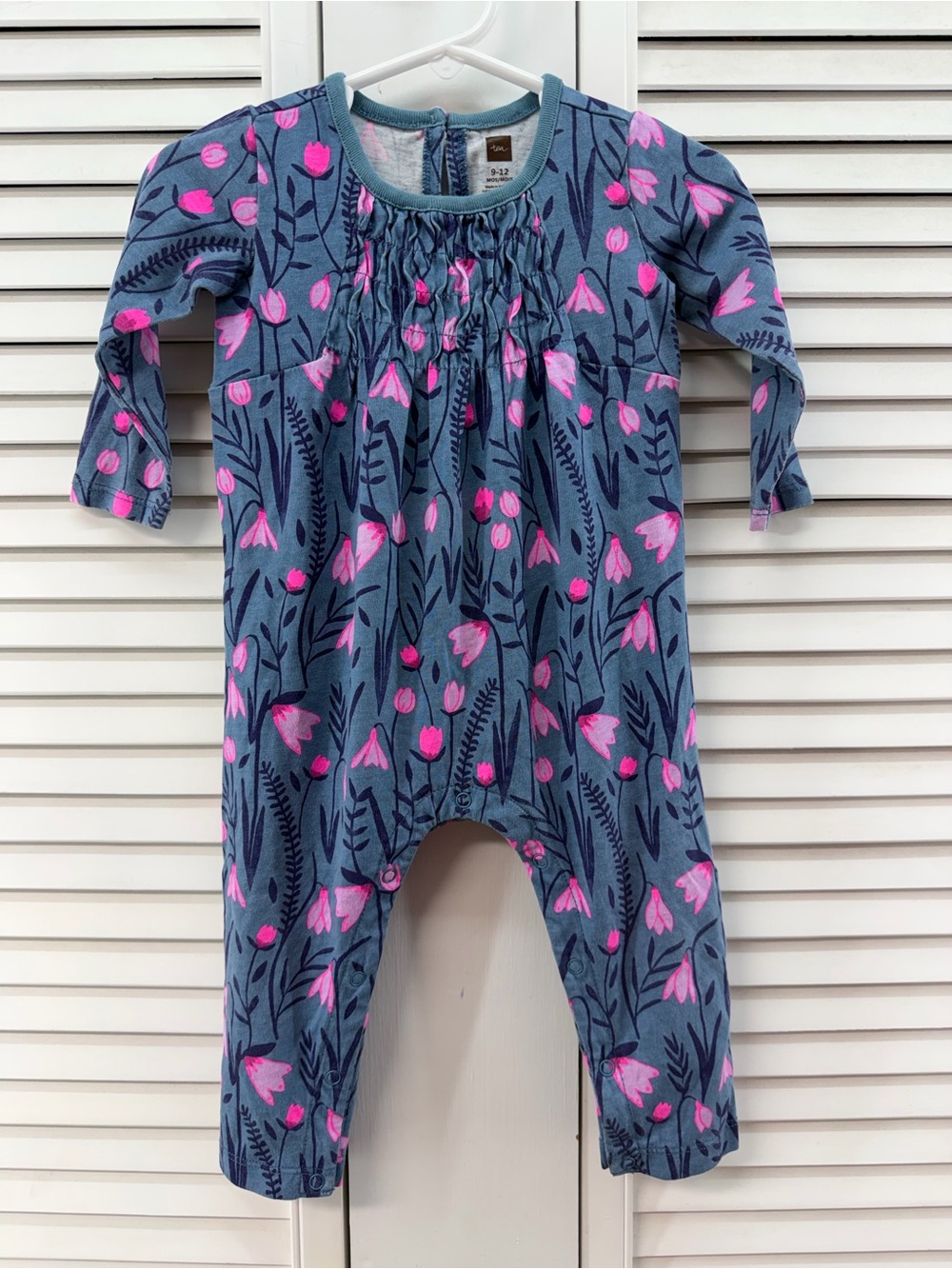 Tea collection size 9-12M Blue Floral Baby Romper with Pink flowers
